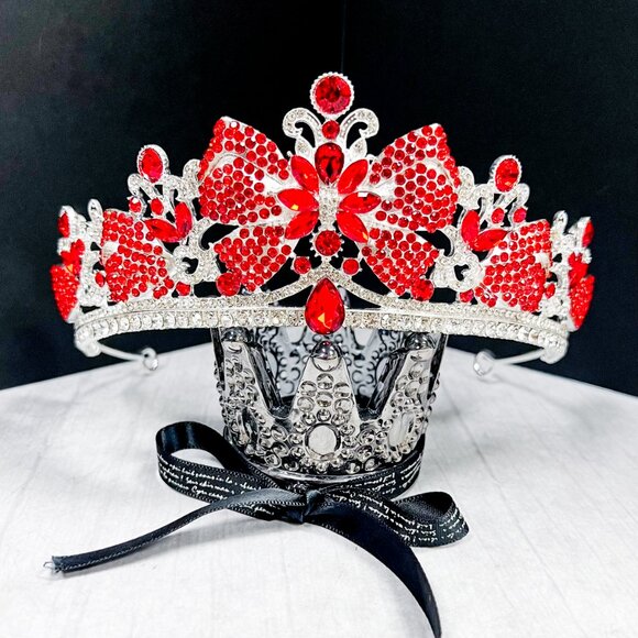 Handmade Accessories - Vintage silver Crown, Red bow tiara, Classic wedding Crown, Crystal Crown Tiara